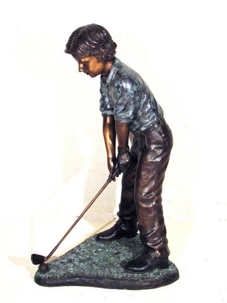 Little Golfer Boy Sculpture Bronze Ready to take a swing with club